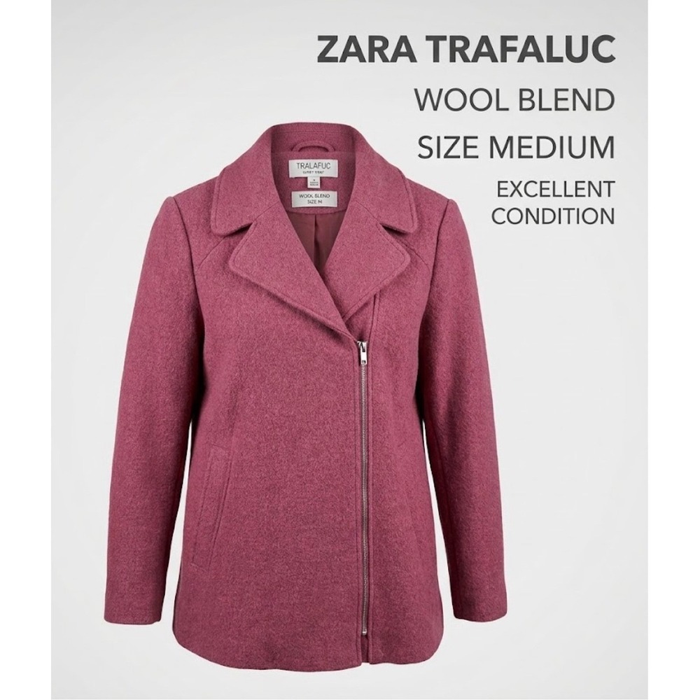 Zara Womens Pea Coat M Pink Wool Blend Asymmetrical Side Zip Moto Jacket Fall